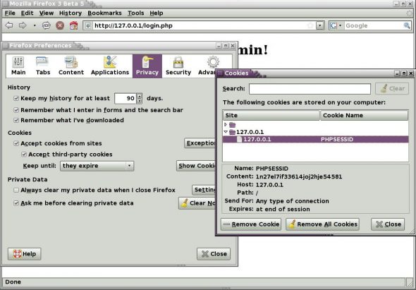 The session cookie (PHPSESSID) is displayed in Firefox's cookie list