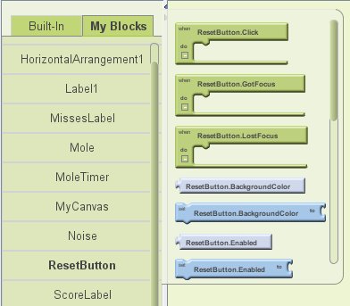 My Blocks tab active, ResetButton drawer open