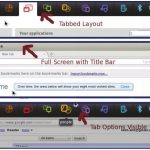 MeeGo top panel: a. tabbed view, b. application screen active, c. mouse at top edge so panel buttons are shown