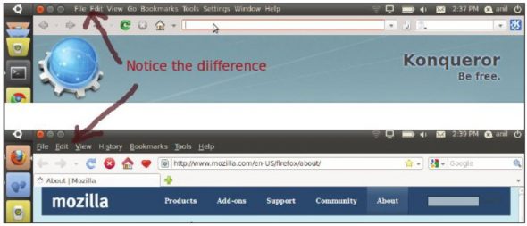 Ubuntu Netbook: The difference in the panel: a. Konqueror is active, b. Firefox is active