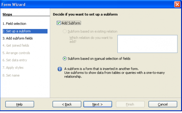 Form wizard window with option to add subform is selected