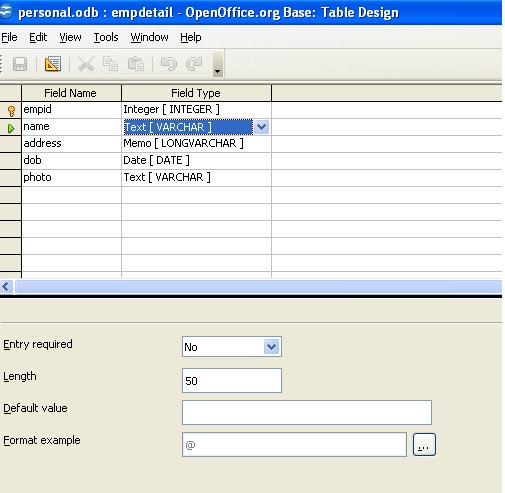 Structure of table 'empdetail'