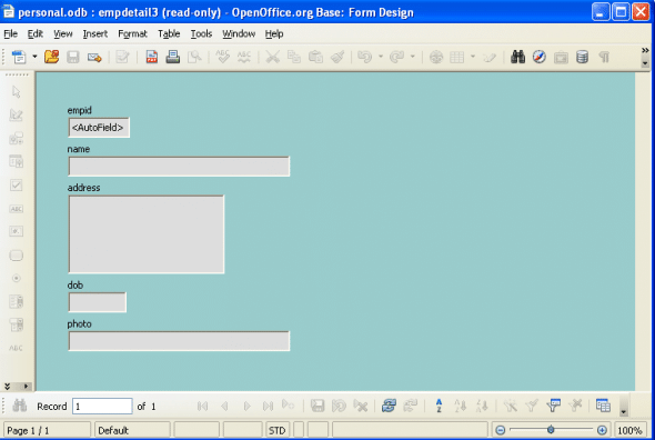 Form with fields of table 'empdetail'