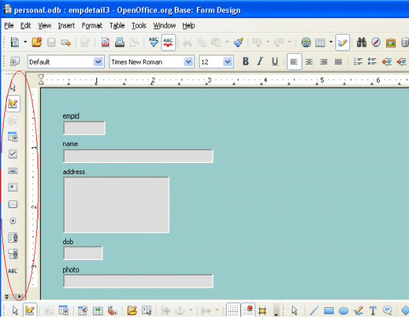 Form 'empdetail' opened in design mode with the toolbox under the red circle