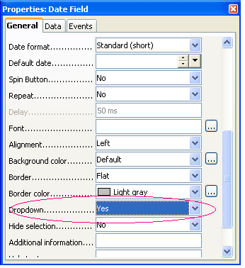 Properties window of the date-field