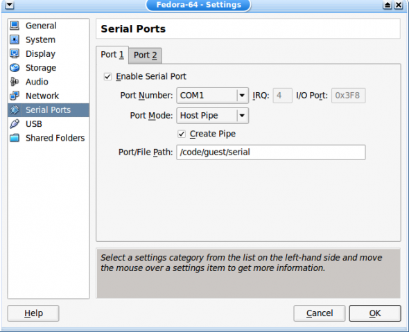 Configuring the serial port in VirtualBox