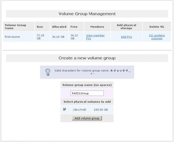 Creating new volume group in RAID array