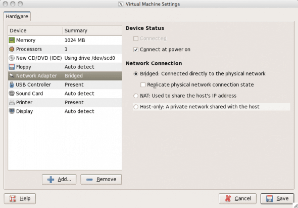 VMware Player’s VM hardware settings