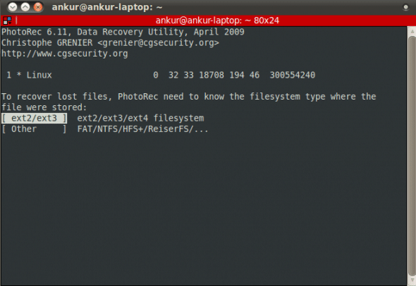 Figure 3: Filesystem selection in Photorec