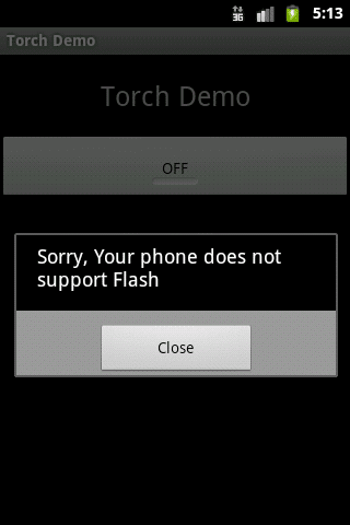 Alert dialogue informs phone doesn't support flash
