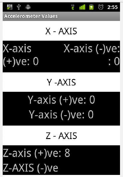 Values of the X, Y and Z axis when the phone was on the table