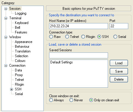 PuTTY connection screen