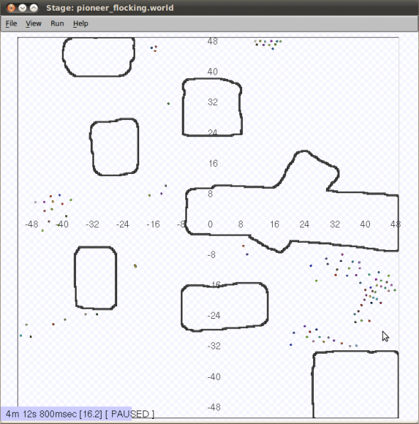 Multi-coloured pioneer robot models forming swarms