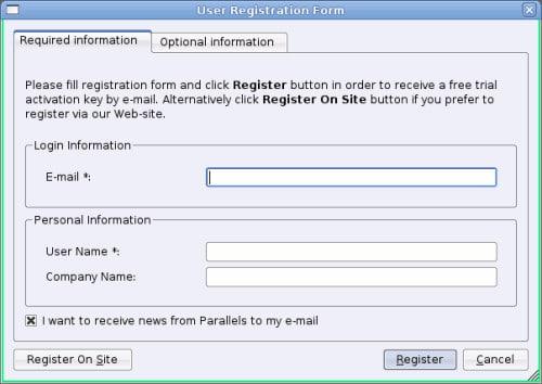 The Parallels Workstation installation wizard (registration process)