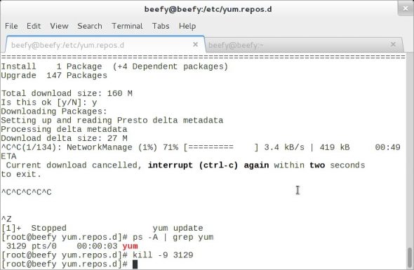 Ctrl+C interrupt for yum says something, but does nothing