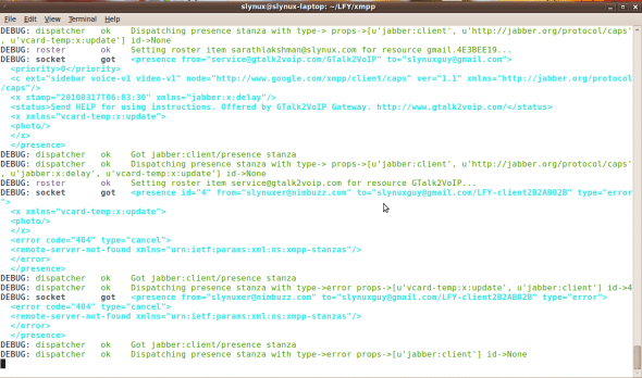 Debug information (XML stream) in the terminal window