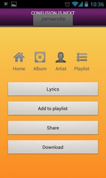 Jamendo menu for song download, artist/album view, etc.