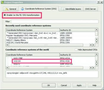 Figure 4 Enabling on-the-fly projection and choosing the common projection