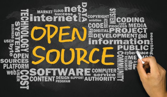 open source handwritten with related word cloud on blackboard