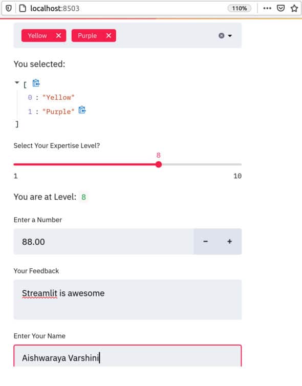 Multiselect, slider, number input, text input and text area