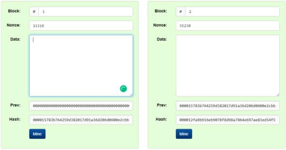 Demonstration of blockchain working on distributed nodes