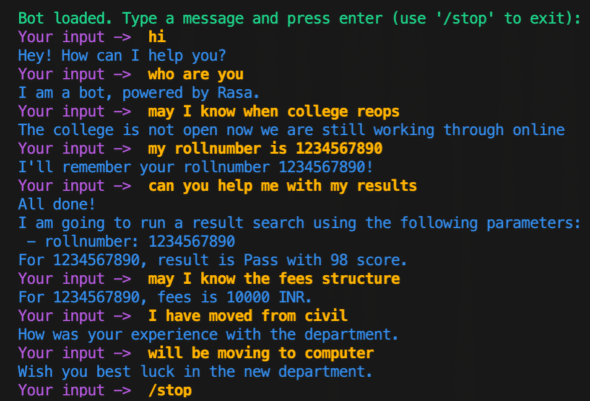 Sample Rasa conversation using Rasa shell