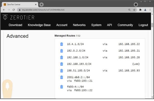 ZeroTier manages and distributes IP routes to its clients