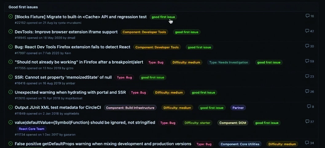 Screenshot of the GitHub page showing different good first issues (Credit: OSI 2021)