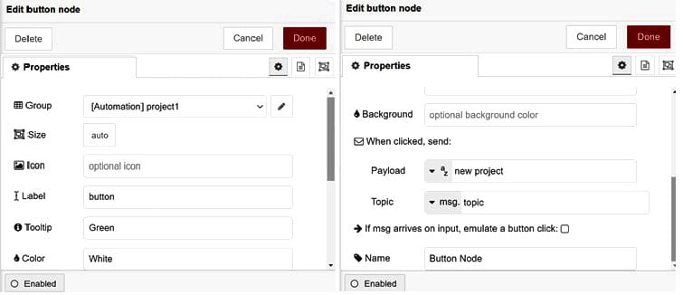 Filling the button node Properties dialog box