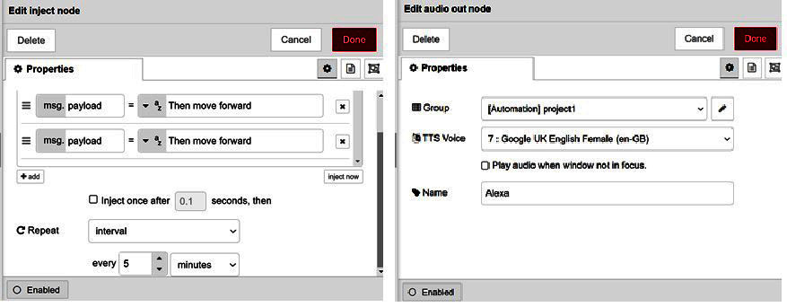Filling the audio out node properties and inject node properties
