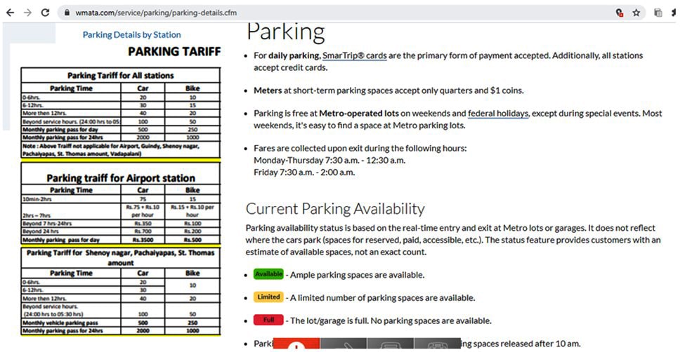 Metro parking tariff