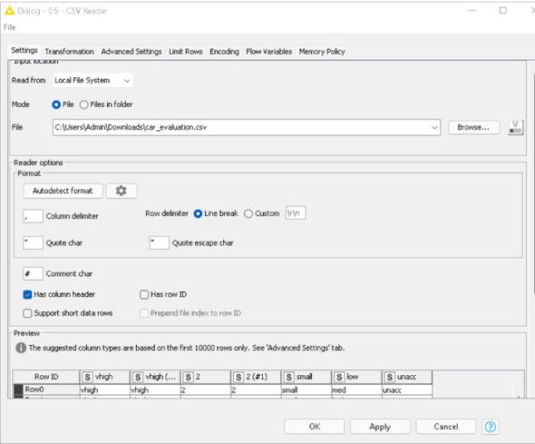 Configuration of CSV reader node