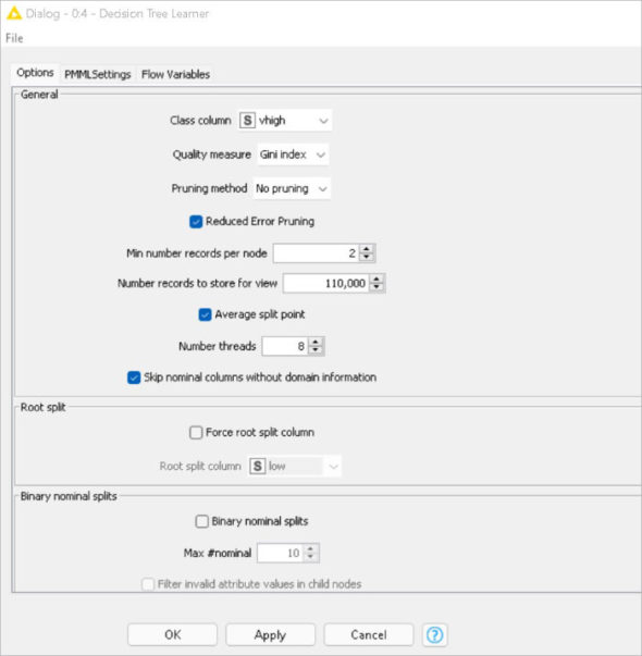 Configuration of decision tree learner node