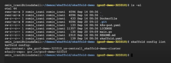 skaffold config list’ command is applied in the terminal