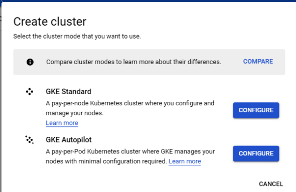 Figure 1: Selecting the GKE standard cluster mode