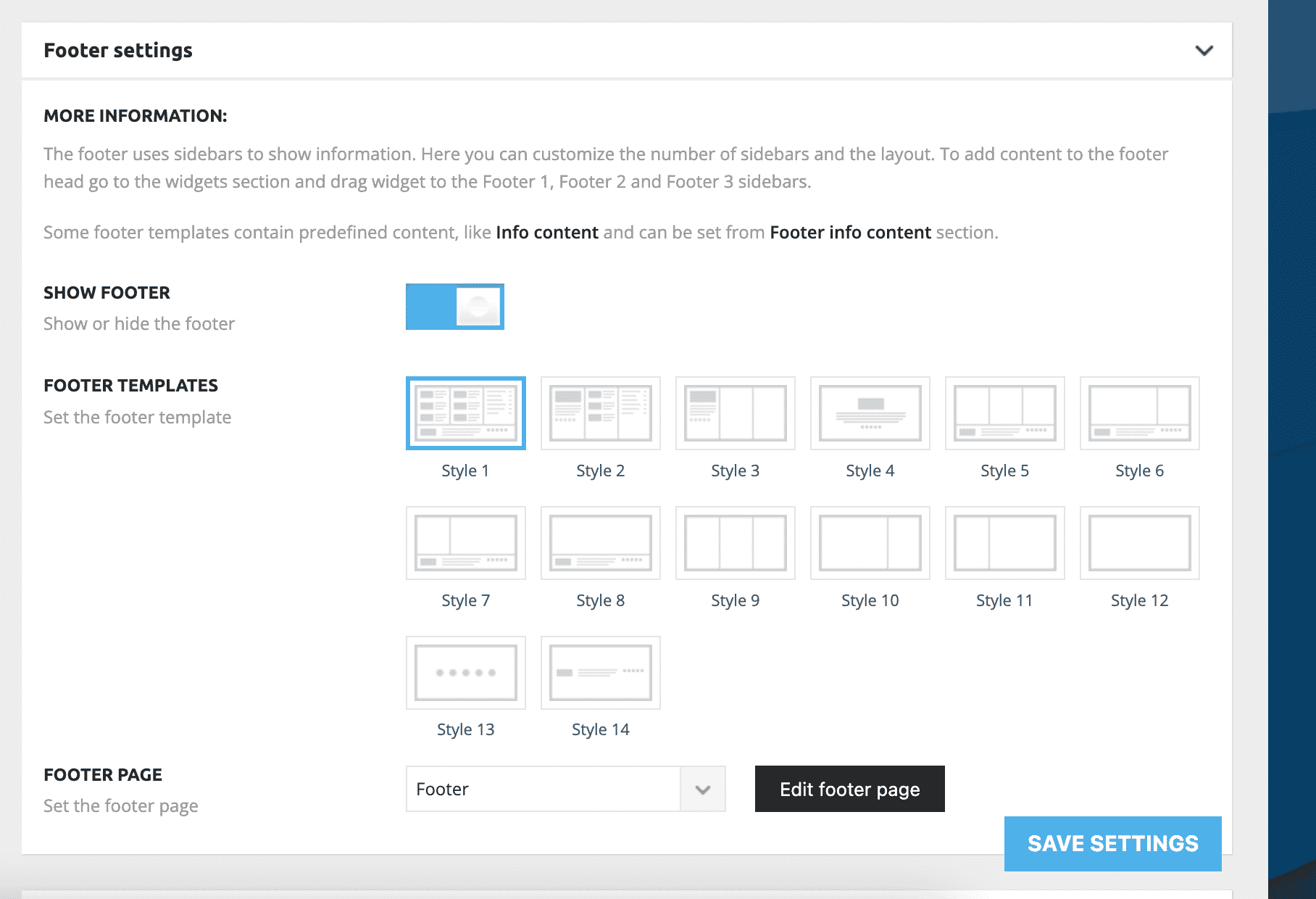 Theme panel settings