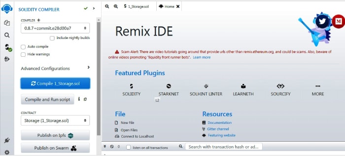Compilation of Solidity smart contracts in Remix IDE