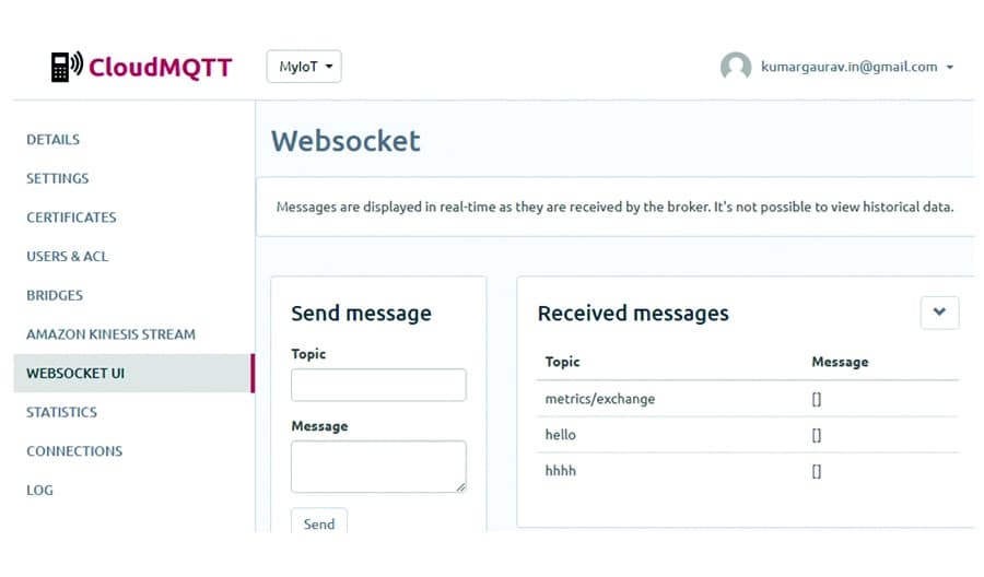 Figure 3: Interfacing with CloudMQTT and messaging panel