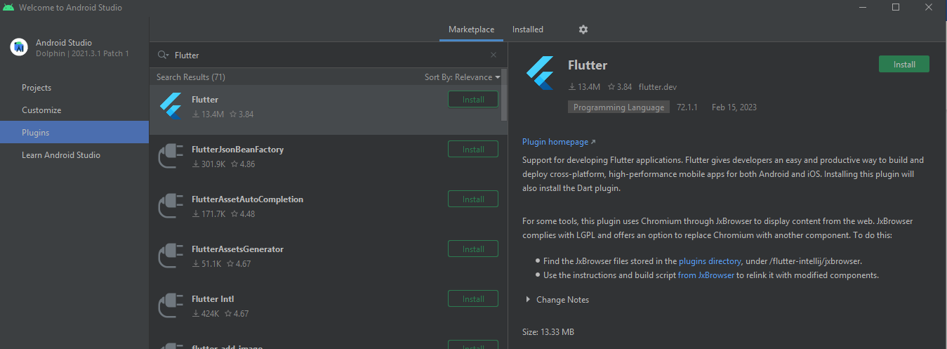 Flutter installation in Android Studio
