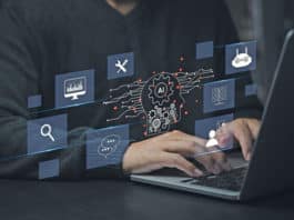 Chat with AI or Artificial Intelligence. Digital Technology, robot application, OpenAI generate. Futuristic technology, Man using laptop computer on virtual screen.