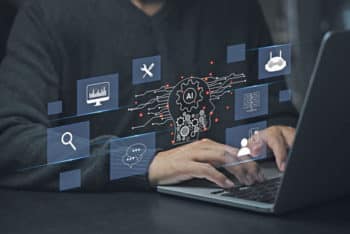 Chat with AI or Artificial Intelligence. Digital Technology, robot application, OpenAI generate. Futuristic technology, Man using laptop computer on virtual screen.