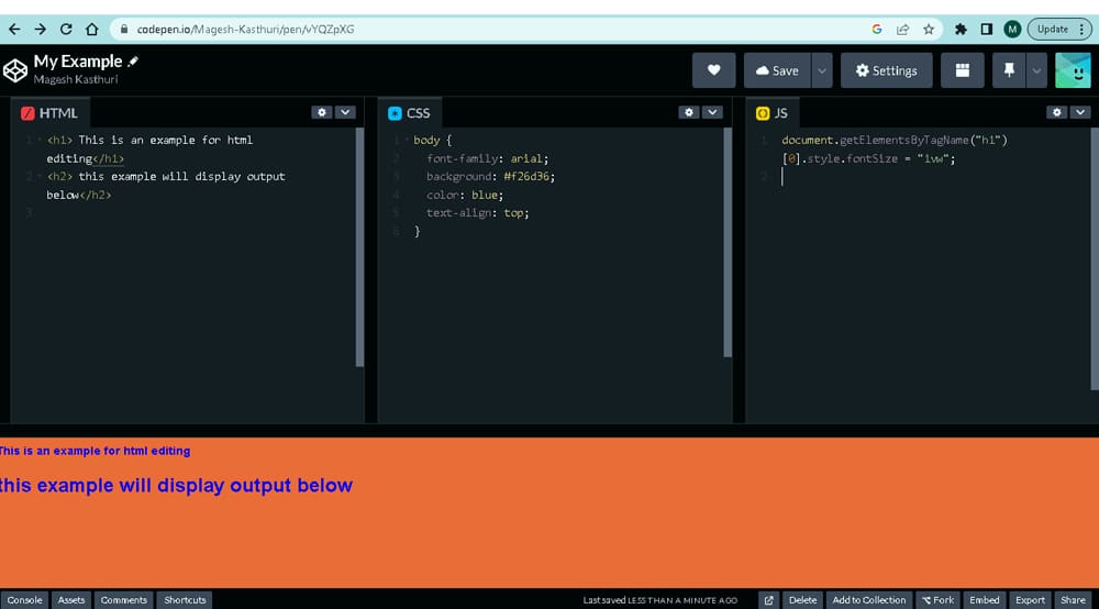 Screenshot of CodePen developer workspace 