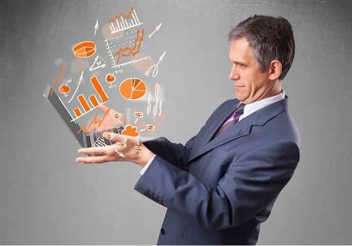 Businessman in suit holding notebook with graphs and statistic