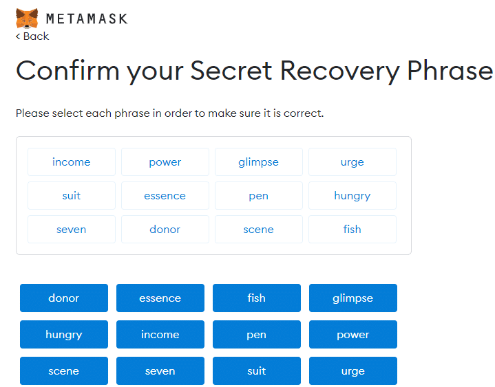 Setting up the secret recovery phase for the MetaMask wallet 