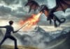 Picture created by DALL-E-3 with the prompt ‘Realistic image of a teenager fighting a dragon in mountains, cloudy sky, teenager is using a sword, dragon breathing fire.’