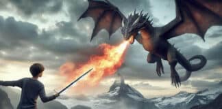 Picture created by DALL-E-3 with the prompt ‘Realistic image of a teenager fighting a dragon in mountains, cloudy sky, teenager is using a sword, dragon breathing fire.’