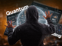 Hacker man holding Quantum Computing concept with Qubit and Devices 3D Rendering