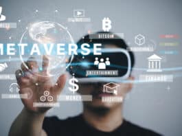 Man wearing VR glasses virtual Global Internet connection metaverse with a new experience in metaverse virtual world."nMetaverse technology concept Innovation of futuristic.