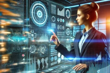 futuristic illustration of a professional woman analyzing data in a high-tech environment. She is interacting