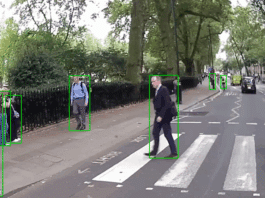 Bounding boxes and ID labels generated during pedestrian tracking